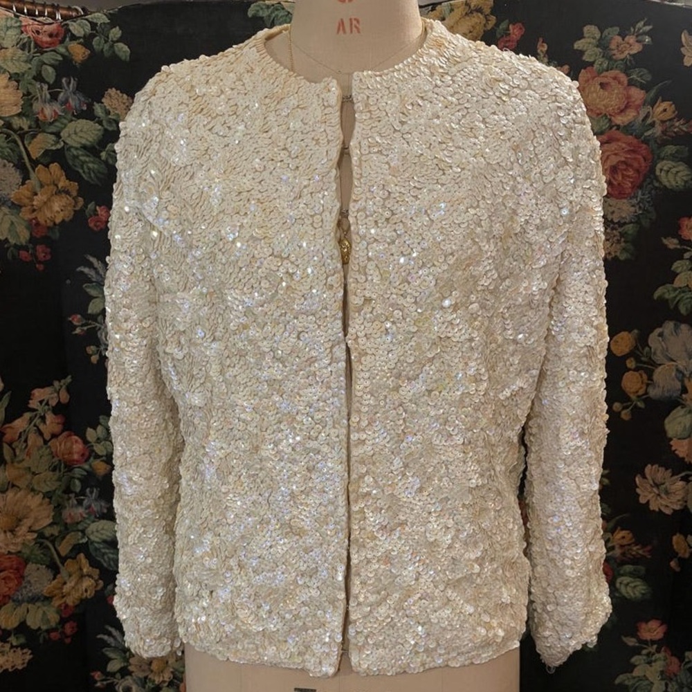 Vintage 1960s Bridal Evening Cream White Iridescent Sequin Jacket MEDIUM